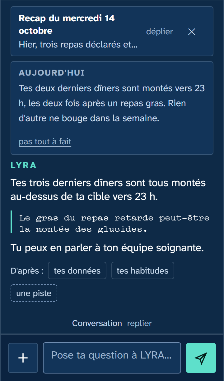 L'écran de conversation de LYRA : le récapitulatif de la veille, une observation du jour et une réponse de LYRA