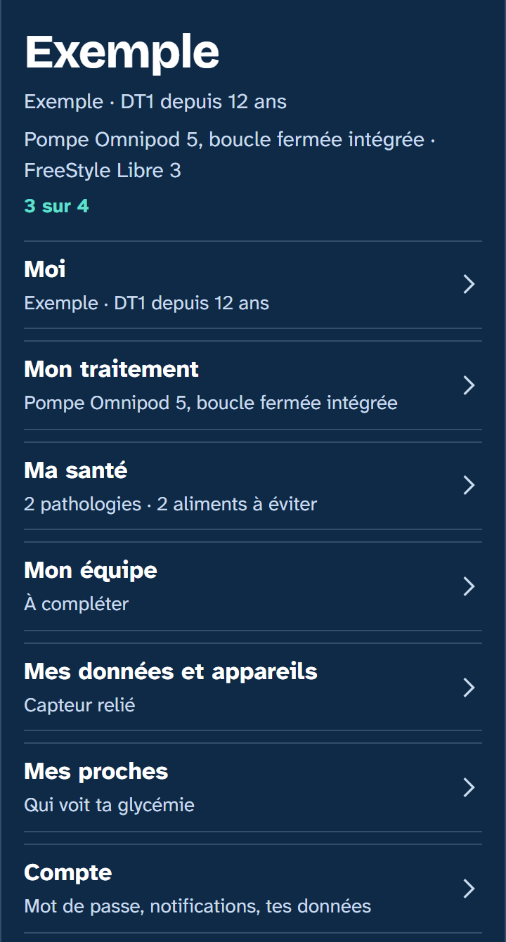 L'écran du profil : moi, mon traitement, ma santé, mon équipe, mes données et appareils, mes proches, compte